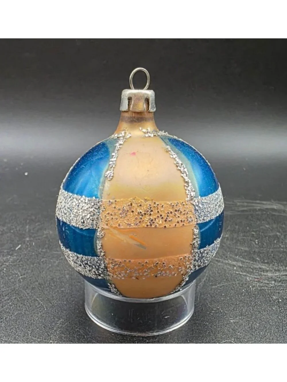 Vintage MCM Blue Gold & Mica Striped Mercury Glass Christmas Ornament